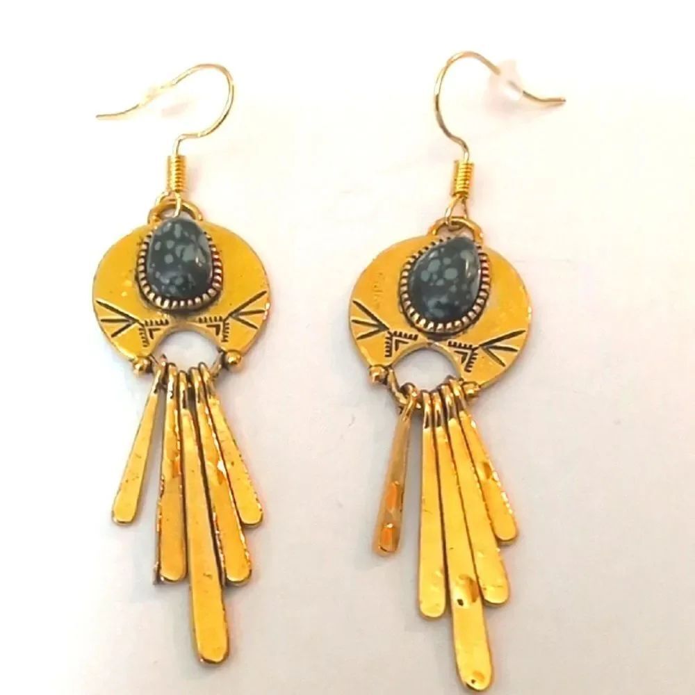 Southwestern Faux Turquoise Drop Earrings Gold Tone Tassels Festival Boho